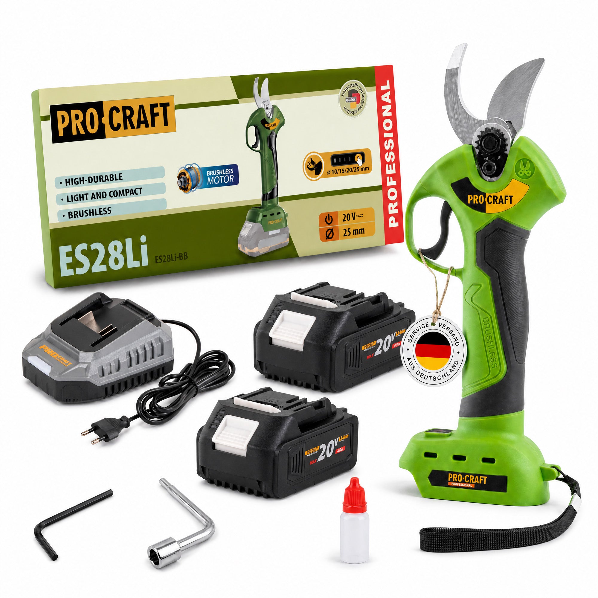 Procraft ES28Li bb Akku Astschere Gartenschere 20 V 25 mm 2x Akku 4 0 Ah Ladegeraet 0 - toolbrothers