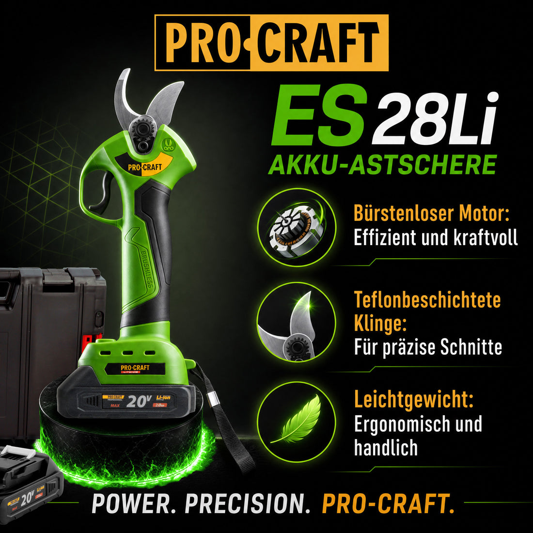 Sekator akumulatorowy Procraft ES28Li bb 20 V 25 mm + 2x akumulator 2,0 Ah + ładowarka + walizka narzędziowa RHINO