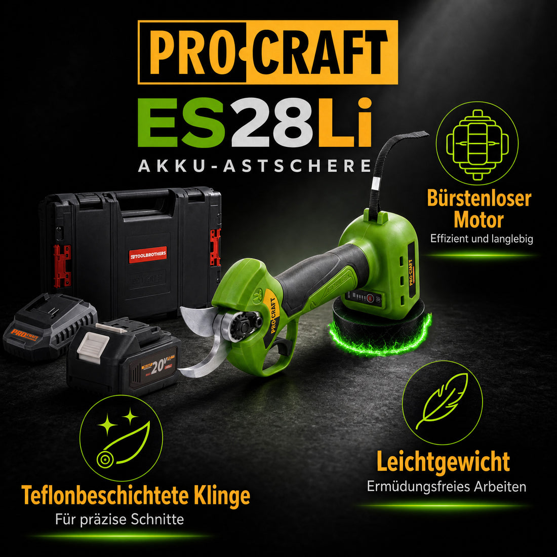 Sekator akumulatorowy Procraft ES28Li bb 20 V 25 mm + 1x akumulator 4,0 Ah + ładowarka + walizka narzędziowa RHINO