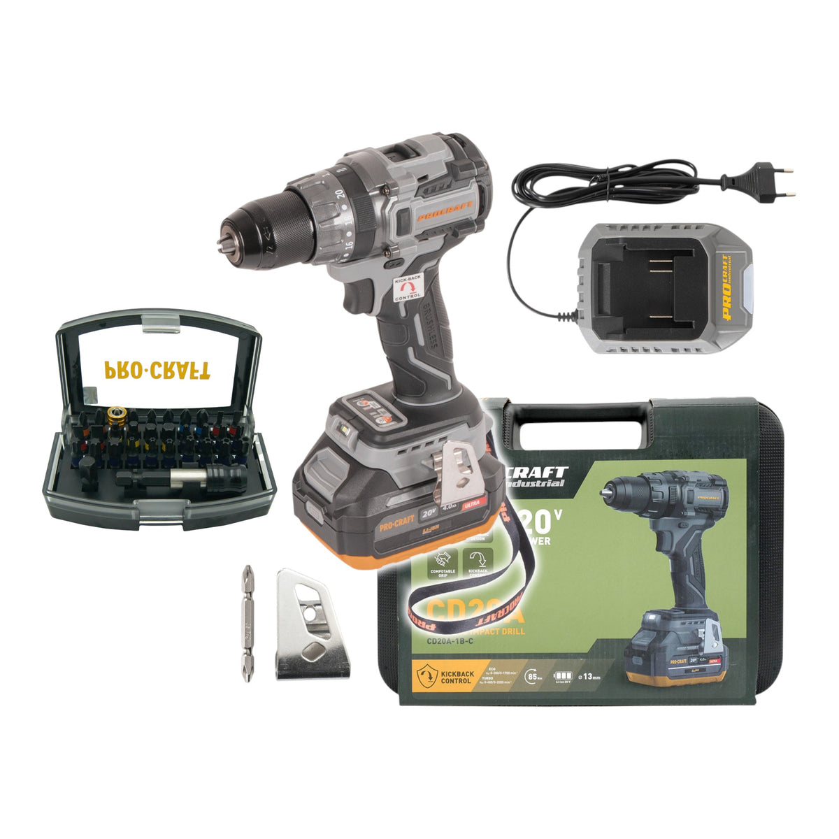 Procraft Industrial CD20A akumulatorowa wiertarko-wkrętarka udarowa 20 V 85 Nm + 1x akumulator 4,0 Ah + ładowarka + walizka