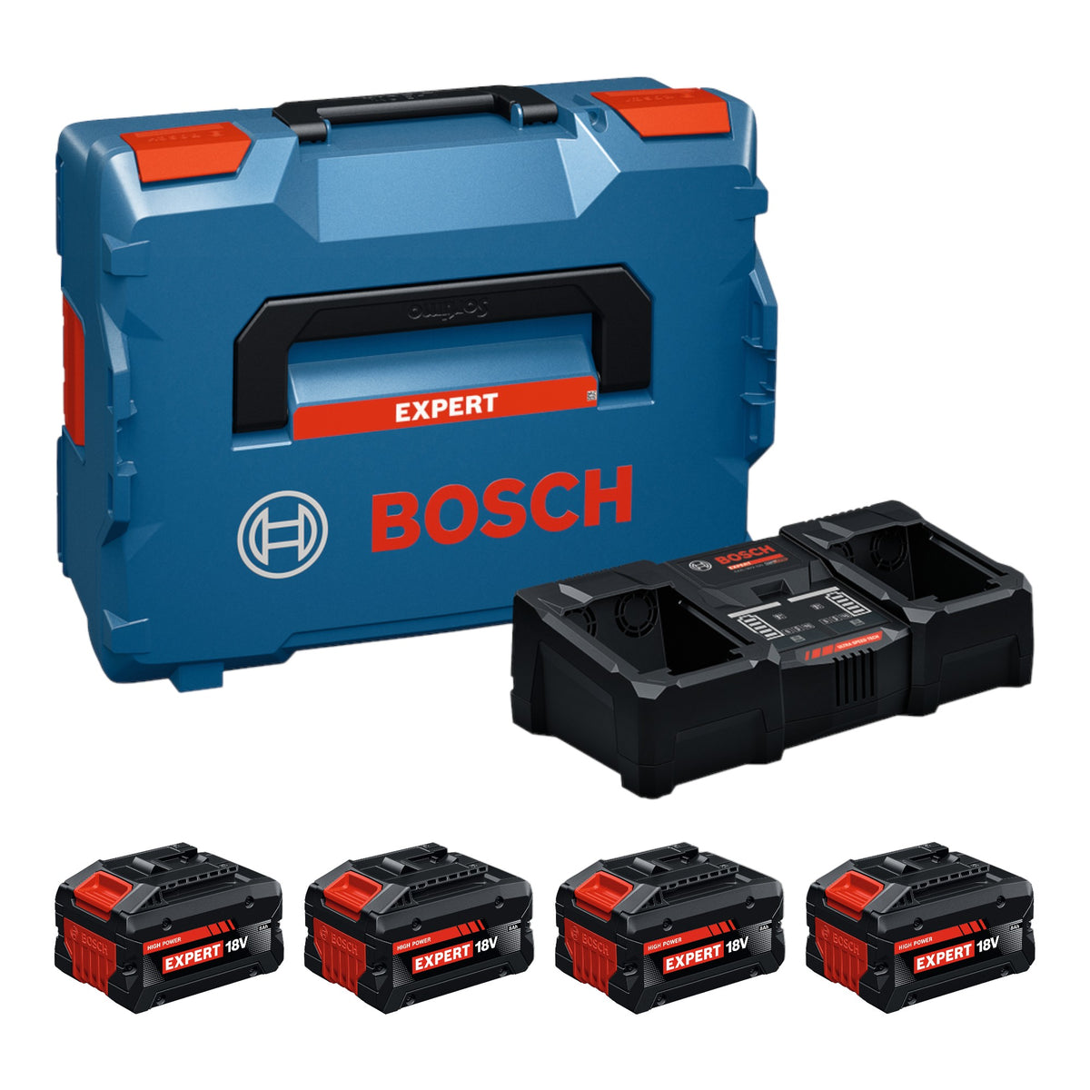 Bosch EXPERT 4x EXBA18V-80 + EXAL18V2-320 Zestaw startowy 18 V + 4x akumulator 8,0 Ah + ładowarka 16 A + L-Boxx