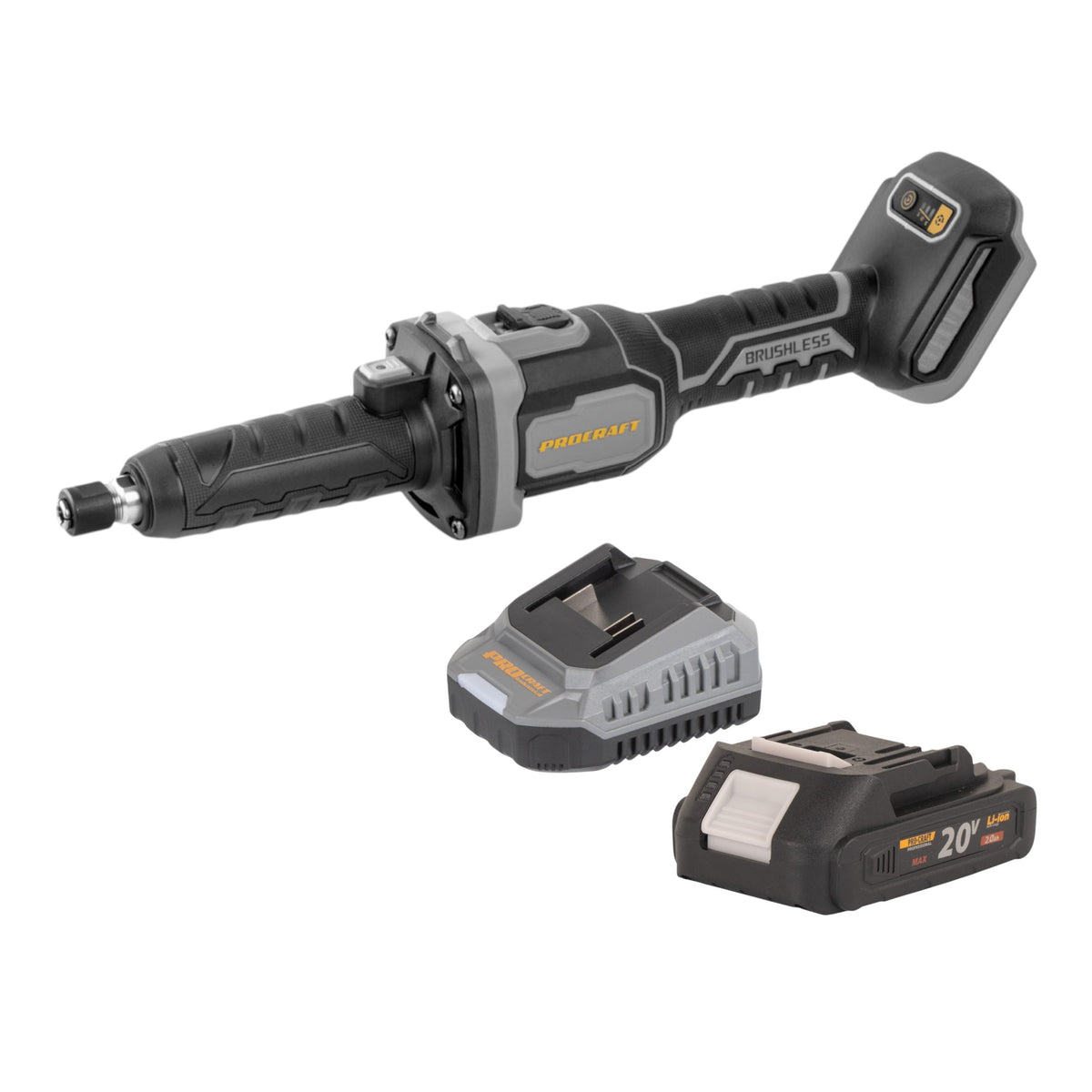 Procraft Industrial DG20A-BB akumulatorowa szlifierka prosta 20 V 6 mm bezszczotkowa + 1x akumulator 2,0 Ah + ładowarka