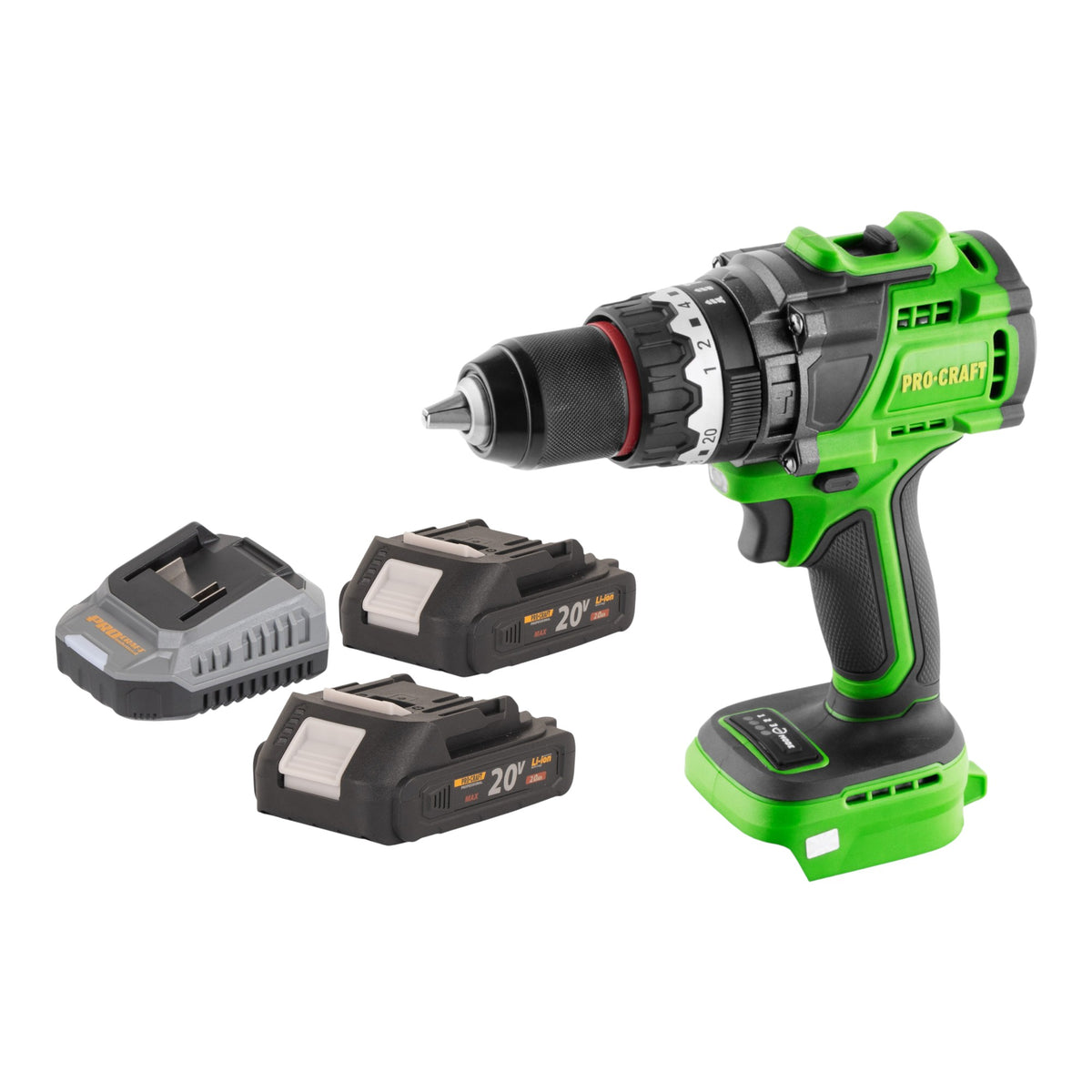 Procraft PA18ProBL-BB akumulatorowa wiertarko-wkrętarka udarowa 20 V 180 Nm bezszczotkowa + 2x akumulator 2,0 Ah + ładowarka