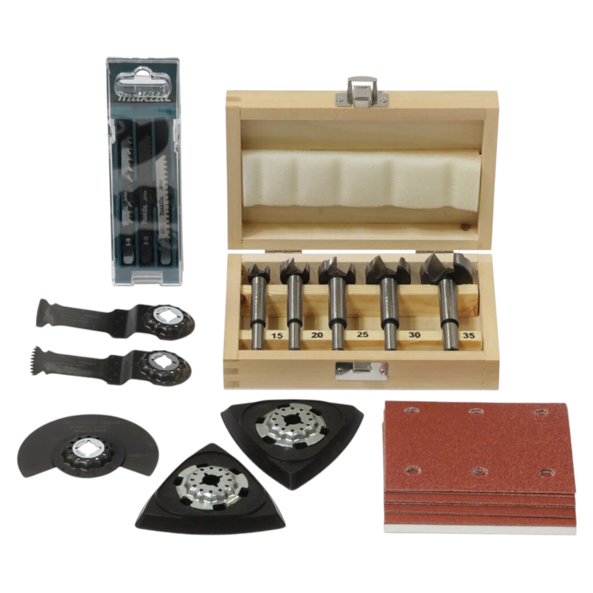 Makita Holzhandwerk Set 30 teilig P 84844 Stichsaegeblaetter Schleifpapier Forstnerbohrer Multitool Zubehoer 0 - toolbrothers