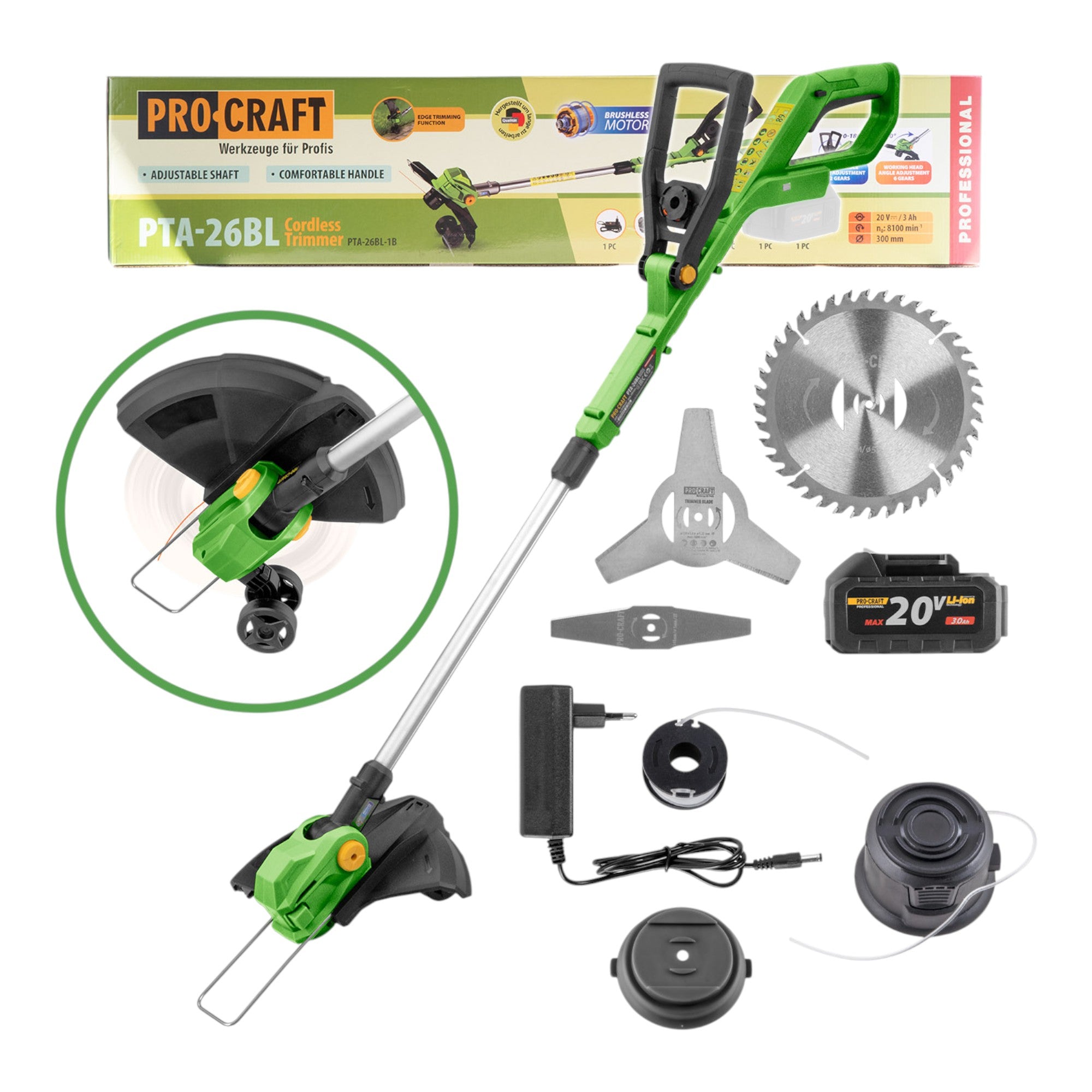 Procraft PTA 26BL Akku Trimmer 20 V 300 mm Brushless 1x Akku 3 0 Ah Ladegeraet 0 - toolbrothers