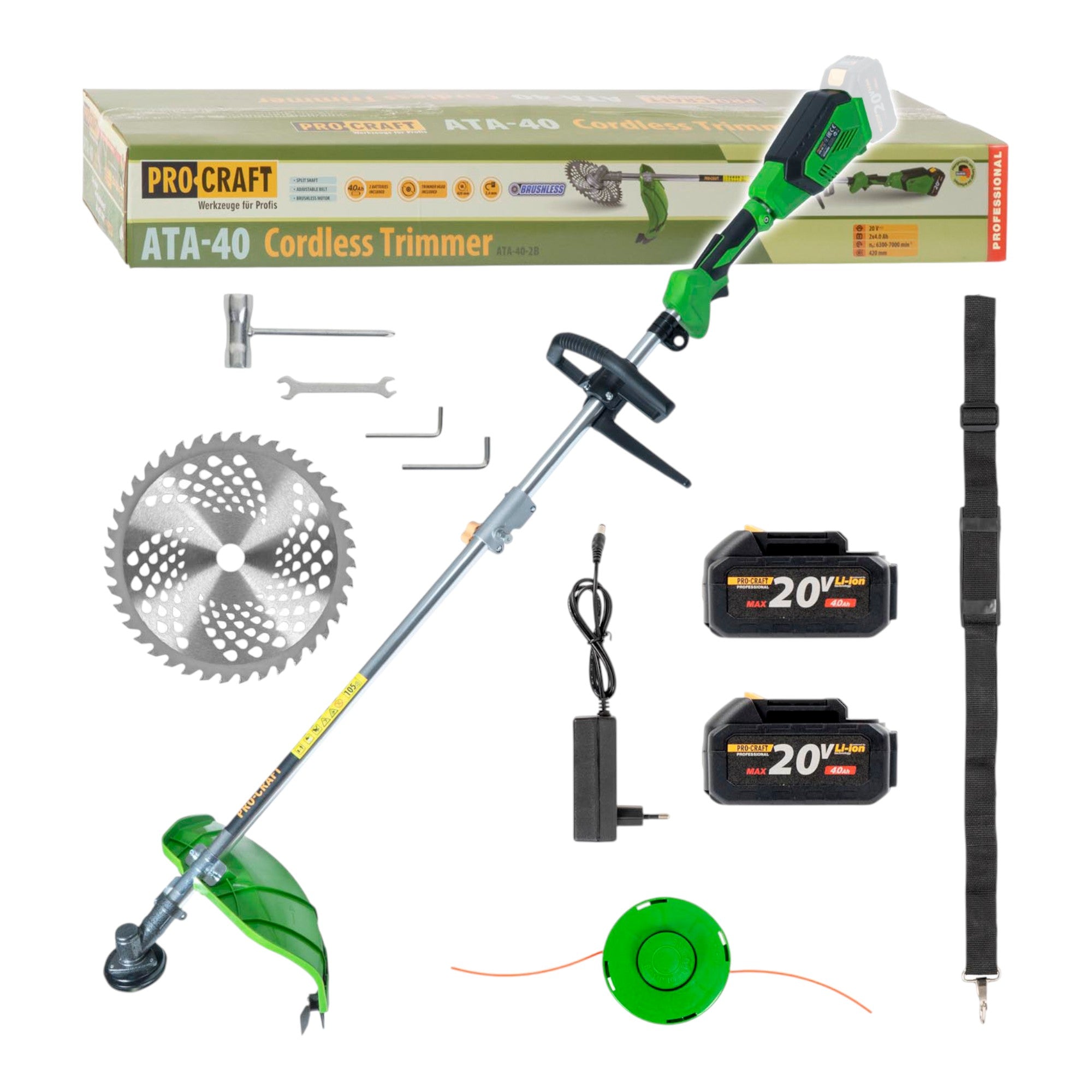 Procraft ATA 40 Akku Freischneider 20 V 420 mm Brushless 2x Akku 4 0 Ah Ladegeraet 0 - toolbrothers