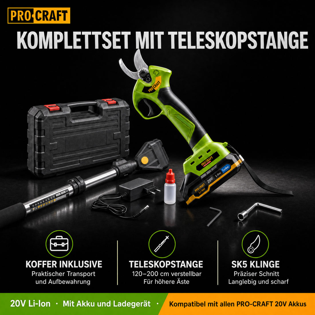 Akumulatorowy sekator Procraft ES28Li 20 V bezszczotkowy + 1x akumulator 2,0 Ah + ładowarka + walizka