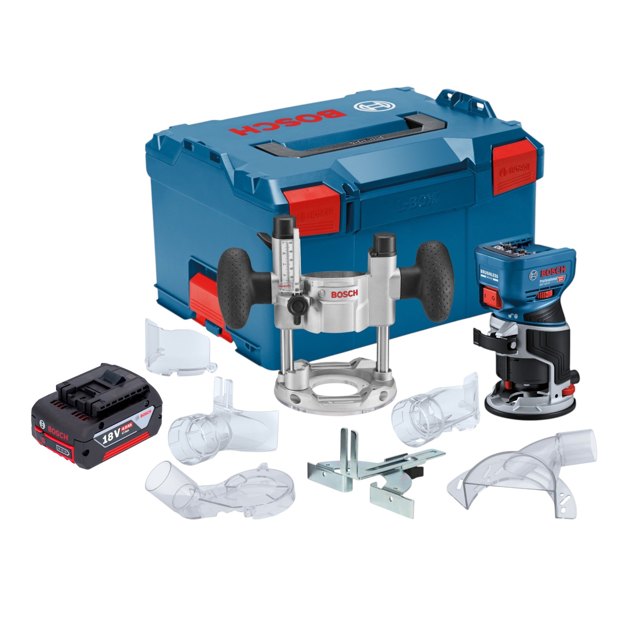 Bosch GKF 18V 8 Professional Akku Kantenfraese 18 V 8 0 mm Brushless 1x Akku 4 0 Ah Taucheinheit L Boxx ohne Ladegeraet 0 - toolbrothers