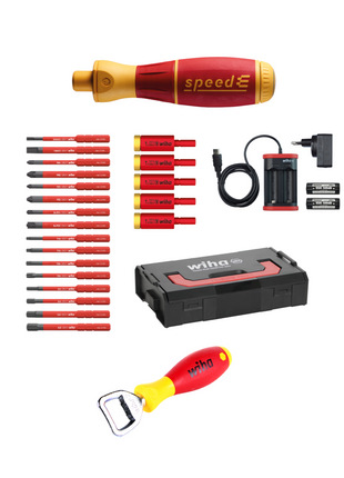 Wiha speedE® elektronischer Schraubendreher - Set 3 - 25-teilig mit 2x 1,5 Ah Akku, Ladegerät ,Bits, TorqueAdapter (41913) + Wiha Flaschenöffner (9872) - Toolbrothers