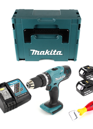 Makita DHP 453 RTJ Akku Schlagbohrschrauber 18 V 42Nm im MAKPAC + 2x 5 Ah Akku + Ladegerät + Wiha Flaschenöffner - Toolbrothers