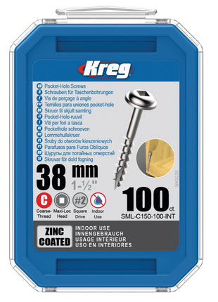 KREG Pocket-Hole Linsenkopfschraube 38mm 100 Stk. ( SML-C150-100 ) Vierkantantrieb Teilgewinde Grobgewinde selbstschneidend verzinkt - Toolbrothers