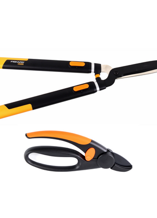 Fiskars Set 1x Teleskop Heckenschere HS86 68 cm auf 93 cm + 1x P43 Amboss Gartenschere Fingerloop - Toolbrothers