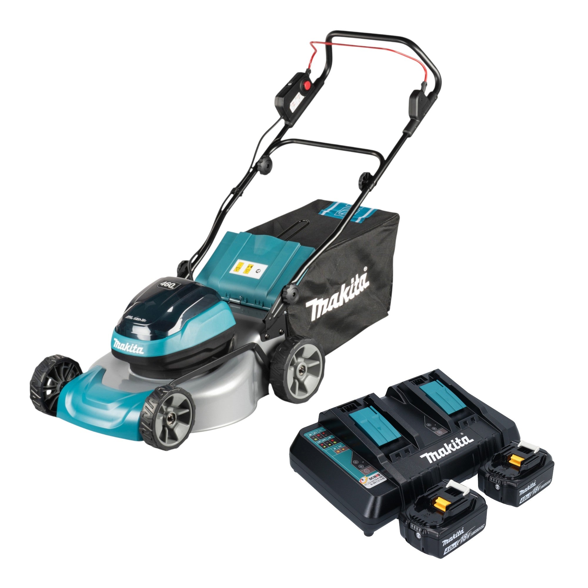 Makita DLM 466 PM2 Akku Rasenmaeher 36 V 2x 18 V 46 cm Brushless 2x Akku 4 0 Ah Ladegeraet 0 - toolbrothers