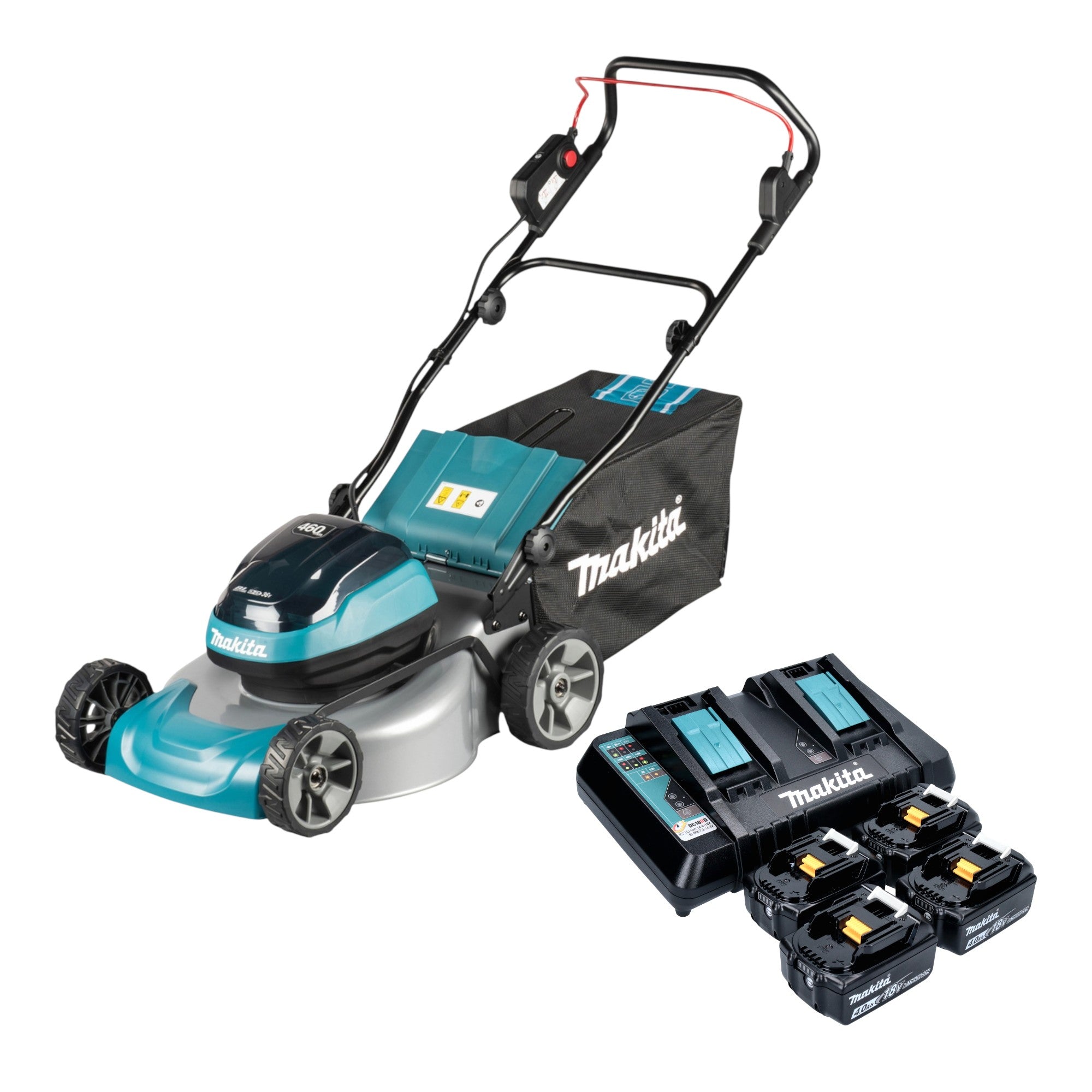 Makita DLM 466 PM4 Akku Rasenmaeher 36 V 2x 18 V 46 cm Brushless 4x Akku 4 0 Ah Ladegeraet 0 - toolbrothers