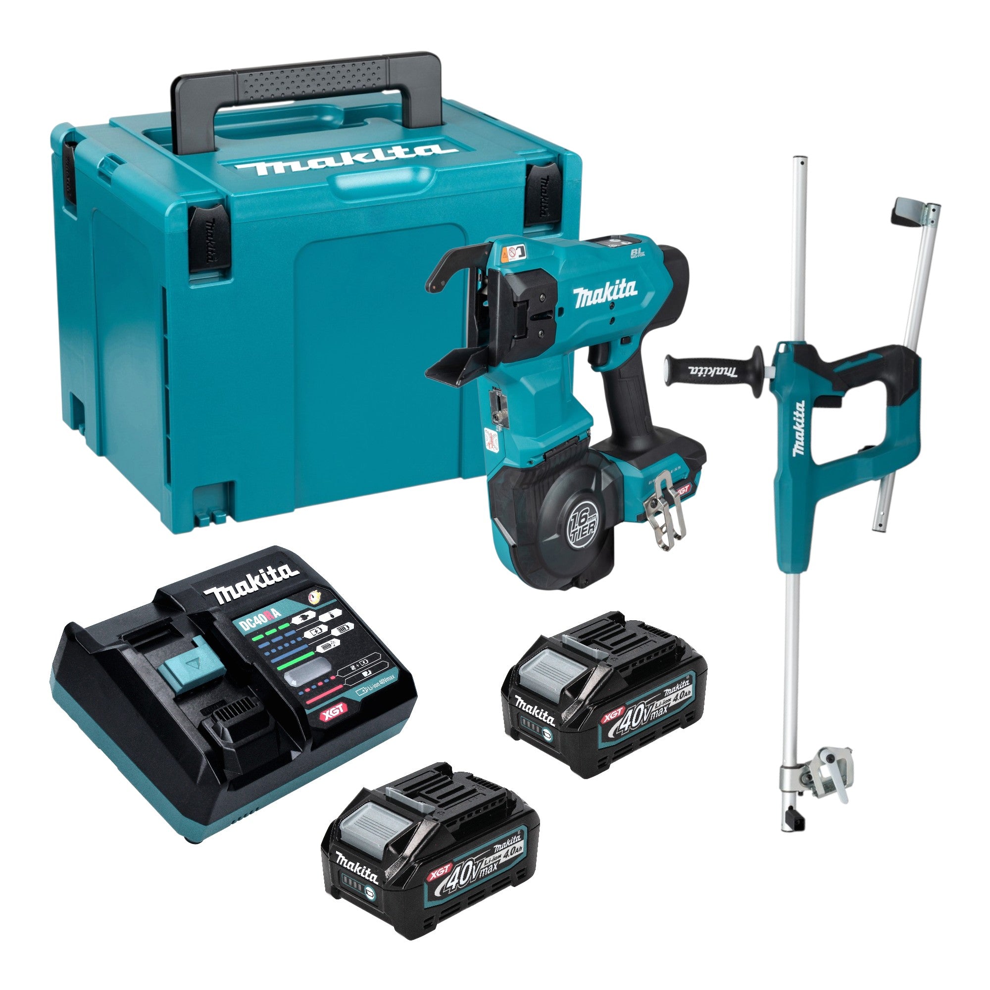 Makita TR 001 GM202 Akku Bewehrungsverbinder 40 V max 1 6 mm Brushless 2x Akku 4 0 Ah Ladegeraet Griffverlaengerung Makpac 0 - toolbrothers