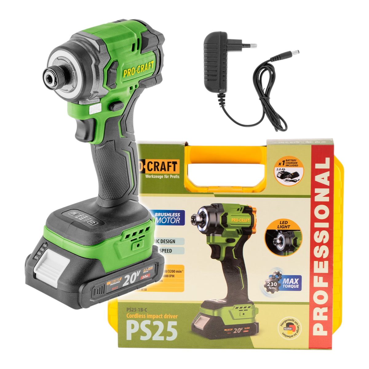 Wkrętarka udarowa akumulatorowa Procraft PS25-1B-C 20 V 230 Nm 1/4" bezszczotkowa + 1x akumulator 2,0 Ah + ładowarka + walizka
