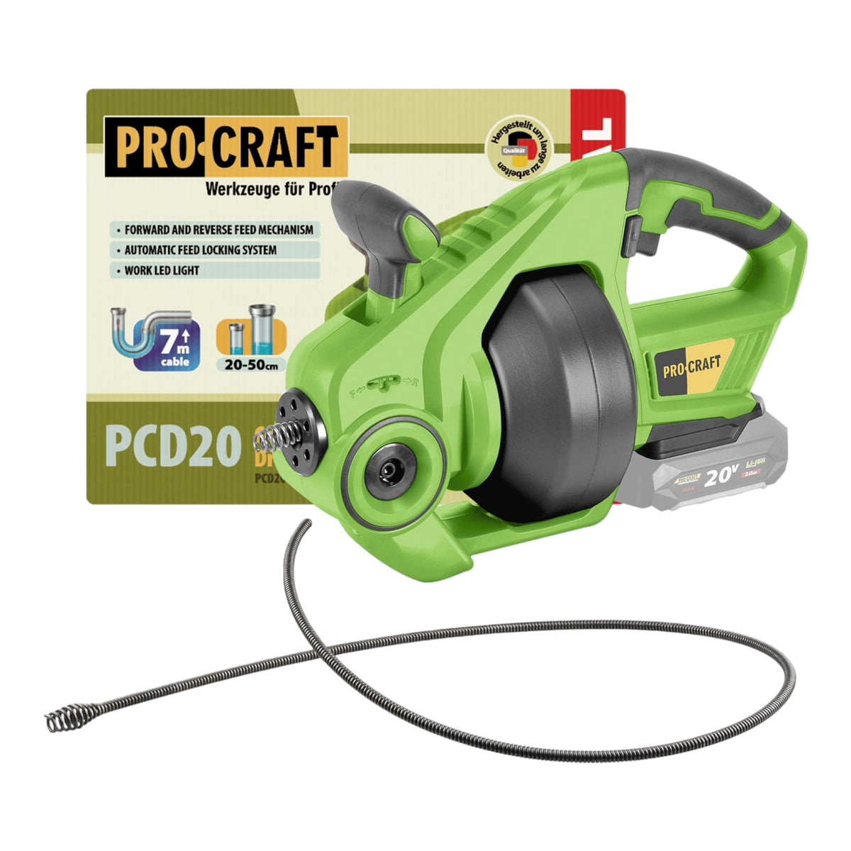 Procraft PCD20-BB Akumulatorowa maszyna do czyszczenia rur 20 V 7 m x 7 mm Brushless Solo – bez akumulatora, bez ładowarki