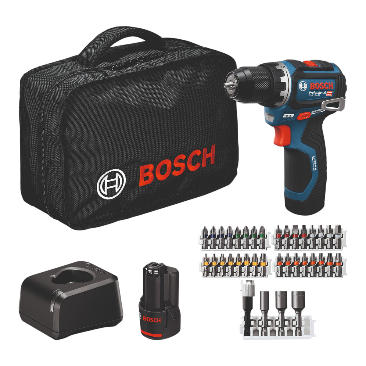 Wiertarko-wkrętarka akumulatorowa Bosch GSR 12V-32 Professional 12 V 32 Nm bezszczotkowa (06019N7004) + 2 akumulatory 2,0 Ah + ładowarka + 36-częściowy zestaw akcesoriów + torba