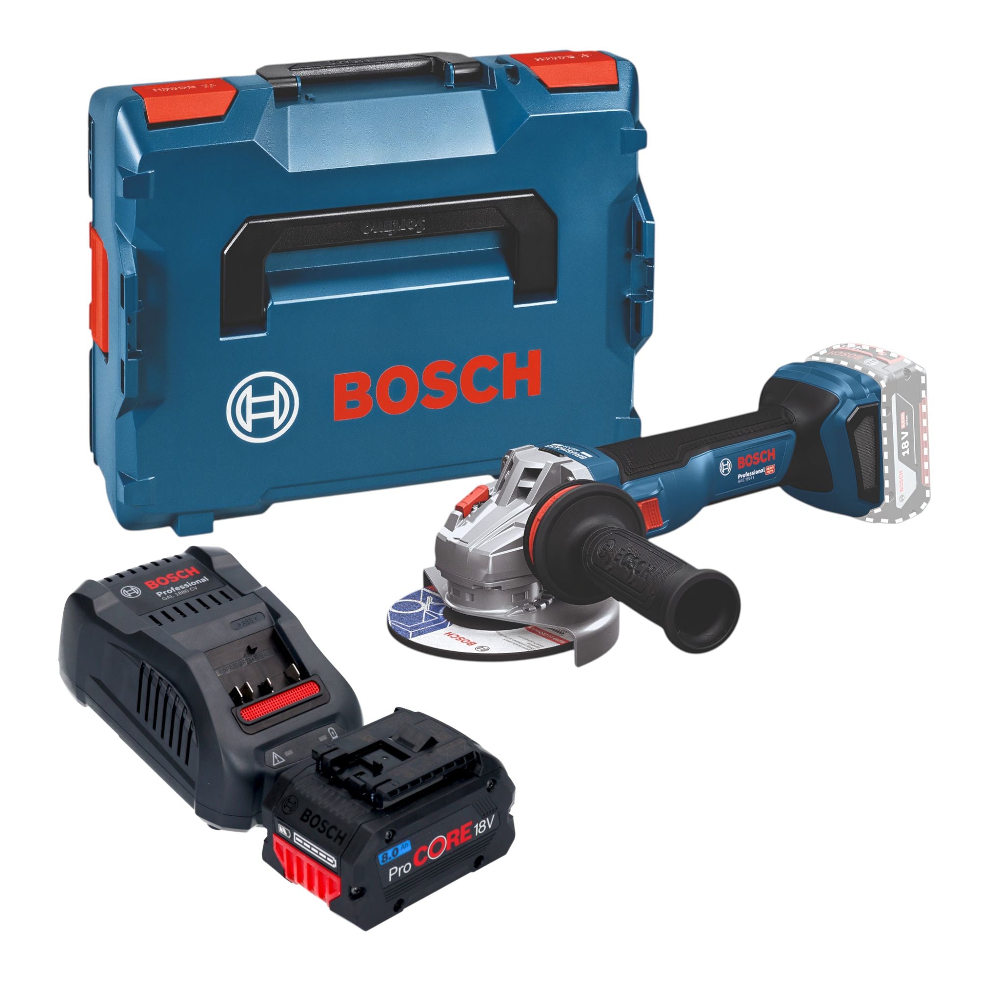 Bosch GWS 18V 11 Professional Akku Winkelschleifer 18 V 125 mm Brushless 1x ProCORE Akku 8 0 Ah Ladegeraet L Boxx 0 - toolbrothers