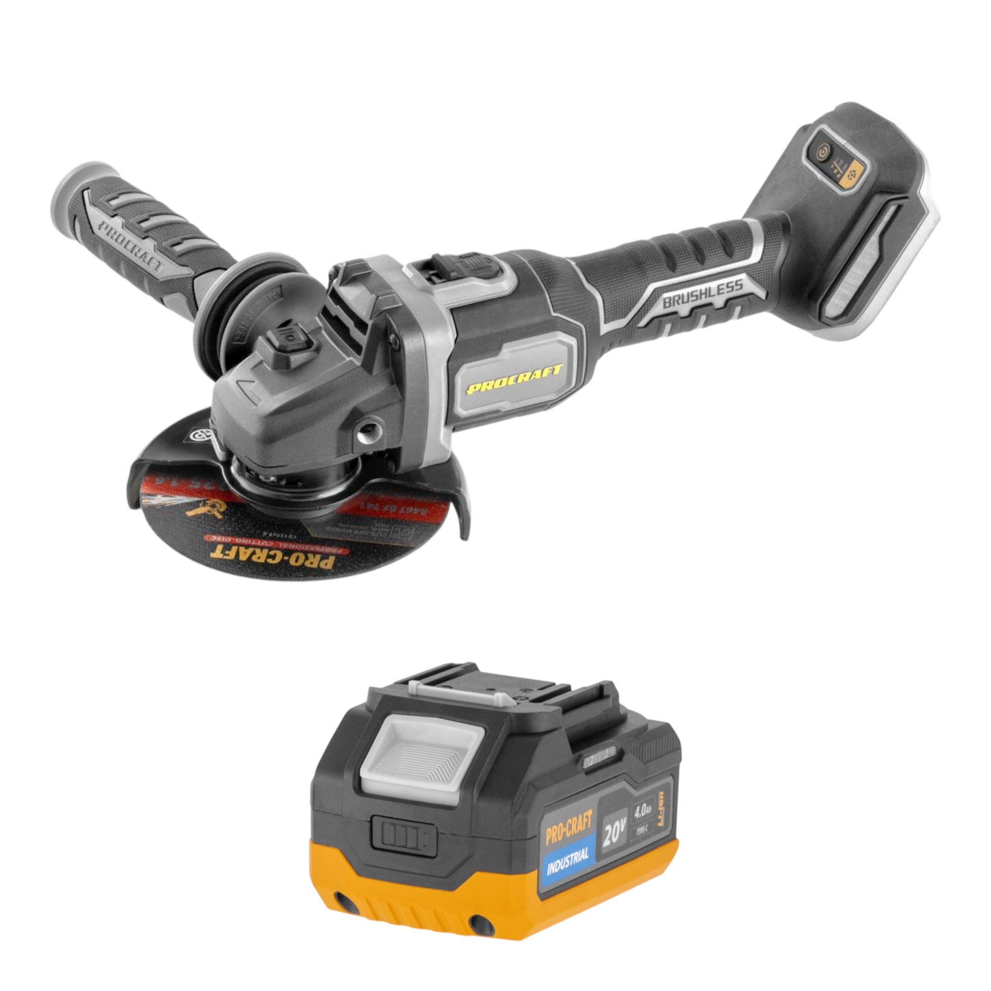 Procraft Industrial AG125Bbb Akku Winkelschleifer 20 V 125 mm Brushless 1x Akku 4 0 Ah ohne Ladegeraet 0 - toolbrothers