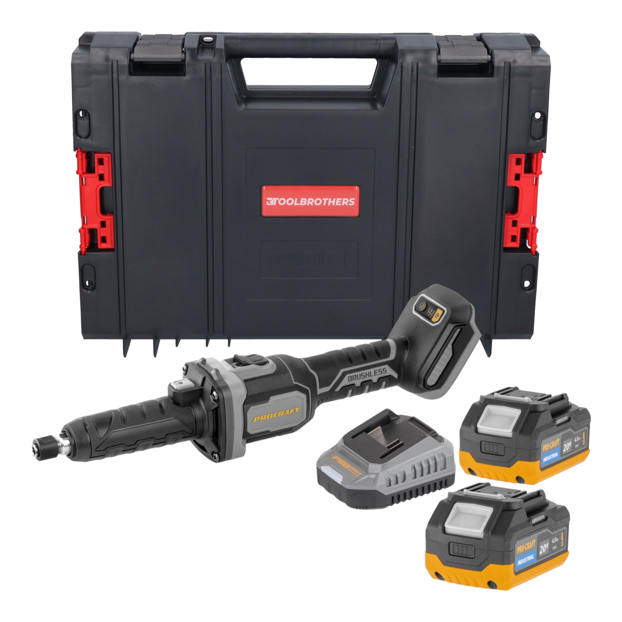 Procraft Industrial DG20A BB Akku Geradschleifer 20 V 6 mm Brushless 2x Akku 4 0 Ah Ladegeraet RHINO Toolcase 0 - toolbrothers
