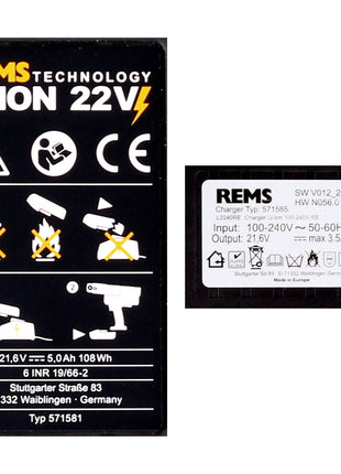 REMS Akku Set Power Pack 21,6V (22V max) mit 1x Akku 5,0Ah ( 571581 R22 ) + Ladegerät 90W ( 571585  R220 ) - Toolbrothers