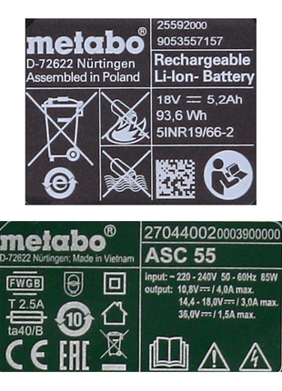 Metabo Akku Basis Set 18V mit 2x Akku 5,2Ah ( 625592000 ) + Ladegerät ASC 55 ( 627044000 ) - Toolbrothers