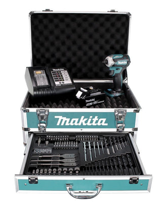 Makita DTD 171 SFX4 Akku Schlagschrauber 18 V 180 Nm 1/4" Brushless + 1x Akku 3,0 Ah + Ladegerät + 70 tlg. Bit Bohrer Set + Koffer