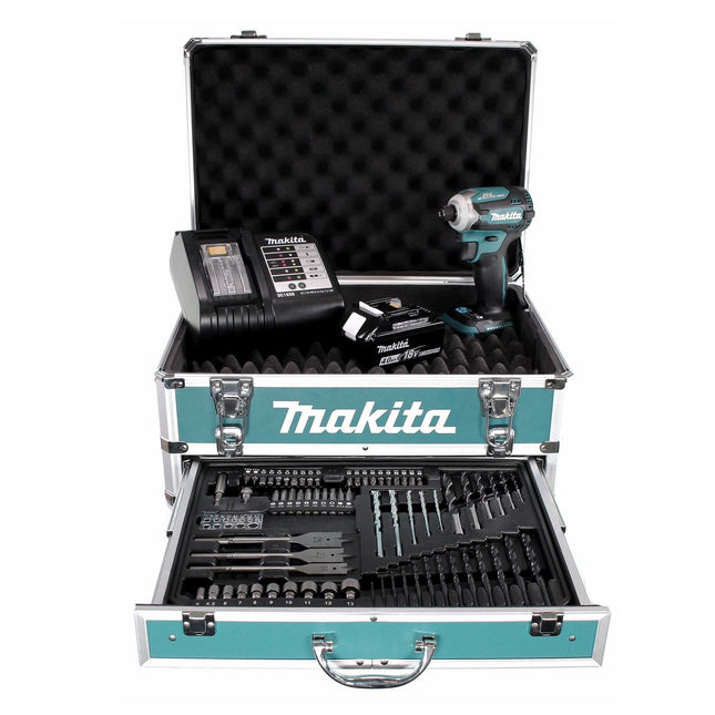 Makita DTD 171 SMX4 Akku Schlagschrauber 18 V 180 Nm 1/4" Brushless + 1x Akku 4,0 Ah + Ladegerät + 70 tlg. Bit Bohrer Set + Koffer