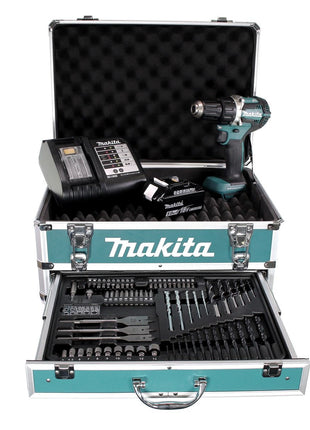 Llave de impacto inalámbrica Makita DDF 484 STX4 18 V 54 Nm sin escobillas + 1x batería 5,0 Ah + cargador + 70 piezas. Juego de brocas + estuche