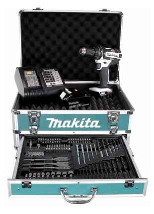 Makita DHP 482 W STX4 Akku Schlagbohrschrauber 18V 62Nm + 1x Akku 5,0Ah + Ladegerät + 70tlg. Bit Bohrer Set + Koffer