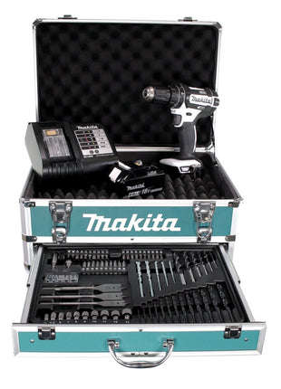 Makita DHP 482 W SGX4 Akku Schlagbohrschrauber 18V 62Nm + 1x Akku 6,0Ah + Ladegerät + 70tlg. Bit Bohrer Set + Koffer