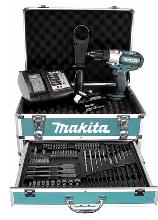 Makita DDF 451 SGX4 Akku Bohrschrauber 18V 80Nm + 1x Akku 6,0Ah + Ladegerät + 70tlg. Bit Bohrer Set + Koffer