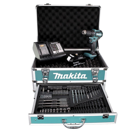 Makita DDF 483 SFX4 Akku Bohrschrauber 18V 40Nm Brushless + 1x Akku 3,0Ah + Ladegerät + 70tlg. Bit Bohrer Set + Koffer