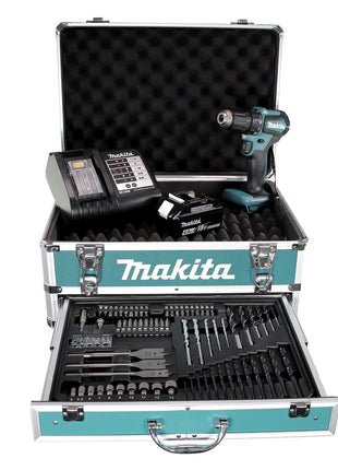 Makita DDF 483 SMX4 Akku Bohrschrauber 18V 40Nm Brushless + 1x Akku 4,0Ah + Ladegerät + 70tlg. Bit Bohrer Set + Koffer