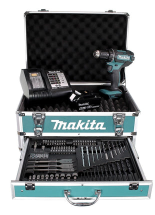 Taladro atornillador inalámbrico Makita DDF 482 SGX4 18 V 62 Nm + 1x batería 6,0 Ah + cargador + 70 piezas. Juego de brocas + estuche