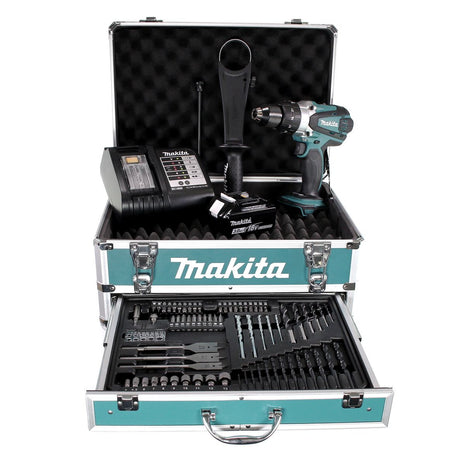 Makita DHP 458 SFX4 Akku Schlagbohrschrauber 18V 91Nm + 1x Akku 3,0Ah + Ladegerät + 70tlg. Bit Bohrer Set + Koffer