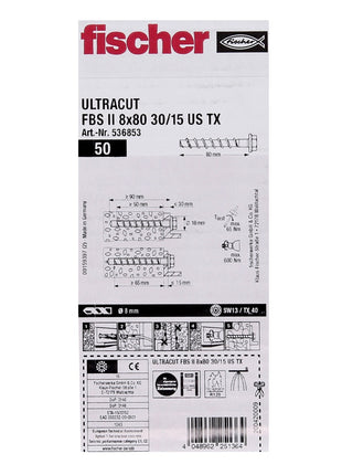 Fischer ULTRACUT FBS II Betonschraube 8x80mm 30/15 100 Stk. Sechskantkopf SW13 U-Scheibe TX40 galvanisch verzinkt ( 536853 )