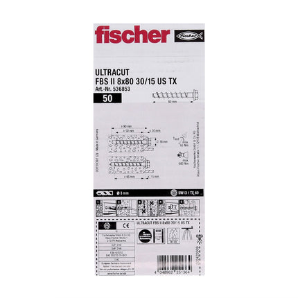 Fischer ULTRACUT FBS II Betonschraube 8x80mm 30/15 200 Stk. Sechskantkopf SW13 U-Scheibe TX40 galvanisch verzinkt ( 553686 )
