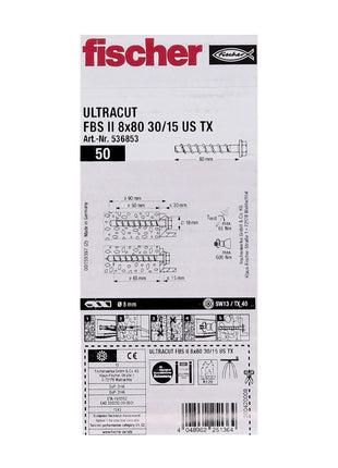 Fischer ULTRACUT FBS II Betonschraube 8x80mm 30/15 50 Stk. Sechskantkopf SW13 U-Scheibe TX40 galvanisch verzinkt ( 536853 ) + Stahl Beton Bohrer SDS-Plus 10x215 ( B-58213 )