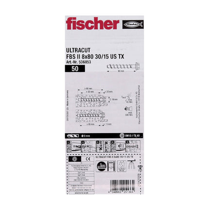 Fischer ULTRACUT FBS II Betonschraube 8x80mm 30/15 50 Stk. Sechskantkopf SW13 U-Scheibe TX40 galvanisch verzinkt ( 536853 ) + Stahl Beton Bohrer SDS-Plus 10x215 ( B-58213 )