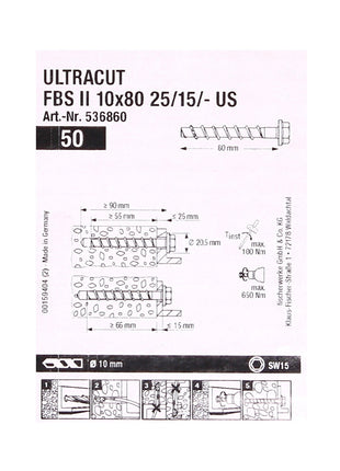 Fischer ULTRACUT FBS II Betonschrauben 10x80mm 25/15/- 100 Stk. Sechskantkopf SW15 ( 2x 536860 )