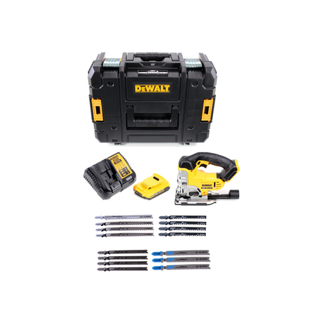 Scie sauteuse sans fil DeWalt DCS 331 N + 1x batterie 2 Ah + chargeur + jeu de lames de scie sauteuse Bosch + TSTAK