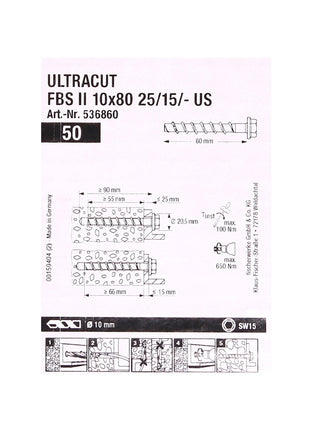 Fischer tornillos para hormigón ULTRACUT FBS II 10x80mm 25/15/- 200 piezas cabeza hexagonal SW15 (553687)