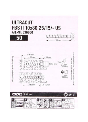 Fischer ULTRACUT FBS II Betonschrauben 10x80mm 25/15/- 200 Stk. Sechskantkopf SW15 ( 553687 ) + Makita NEMESIS 2 SDS-Plus 10x215mm ( B-58213 )