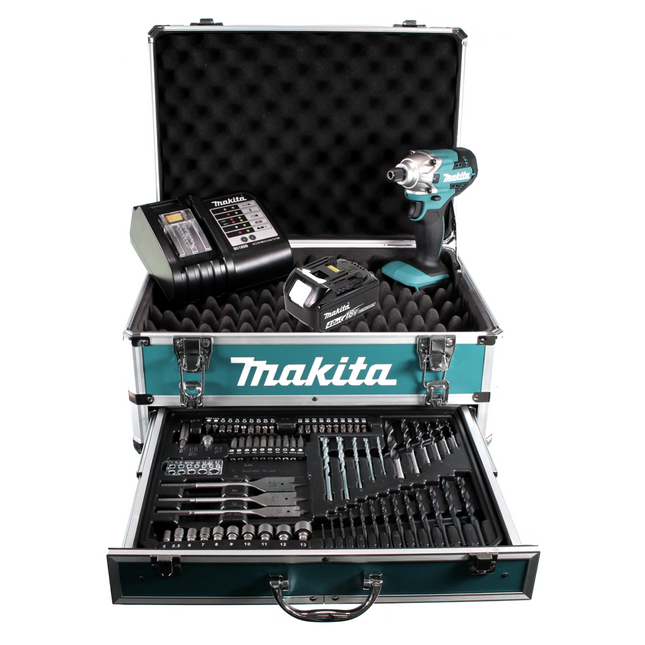 Makita DTD 156 SM1X4 Akku Schlagschrauber 18V 155Nm + 1x Akku 4,0Ah + Ladegerät + 70 tlg. Bit Bohrer Set + Alu Werkzeug Schubladen Koffer X4 mit Universaleinlage