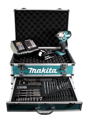 Makita DTD 156 ST1X4 Akku Schlagschrauber 18V 155Nm + 1x Akku 5,0Ah + Ladegerät + 70 tlg. Bit Bohrer Set + Alu Werkzeug Schubladen Koffer X4 mit Universaleinlage