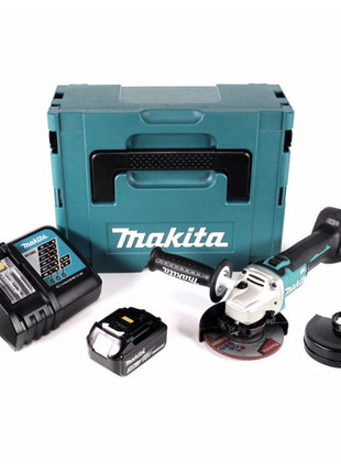 Amoladora angular a batería Makita DGA 504 RF1J 18 V 125 mm sin escobillas + 1x batería 3.0Ah + cargador + funda protectora + Makpac