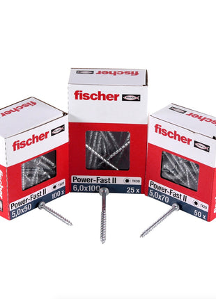 Fischer Power-Fast II FPF II tornillo para aglomerado 5,0x70 mm 100 piezas (670646) Cabeza plana con rosca completa Torx galvanizado, pasivado azul