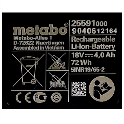 Zestaw akumulatorów Metabo 4x akumulator Li-Power 18 V 4,0 Ah CAS Li-Ion ( 4x 625591000 ) ze wskaźnikiem poziomu naładowania